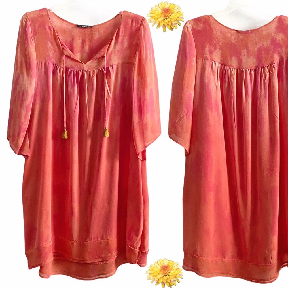Gypsy05 100% silk boho tunic dress, orange pink
